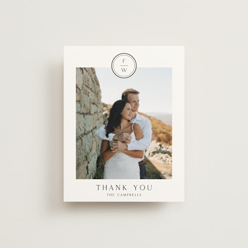 This is a cotton wedding thank you cards with standard by Stacey Meacham called circle monogram printing on strathmore in standard