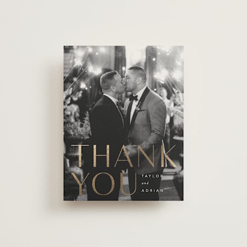 This is a sand wedding thank you cards with foil pressed by Robert and Stella called amara printing on strathmore in standard