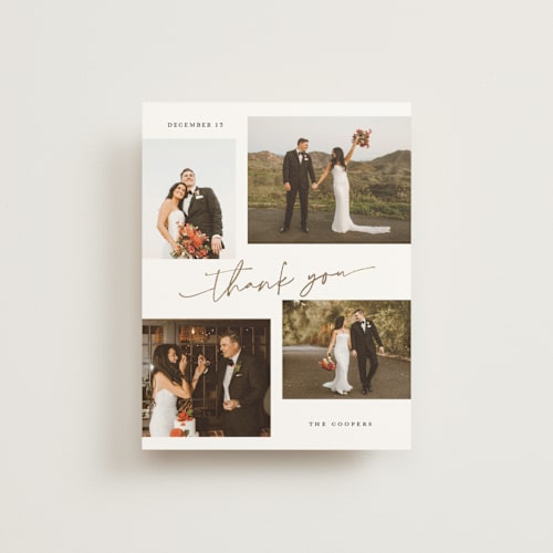 This is a snow wedding thank you cards with foil pressed by Sarah Curry called minimal holiday gallery printing on strathmore in standard