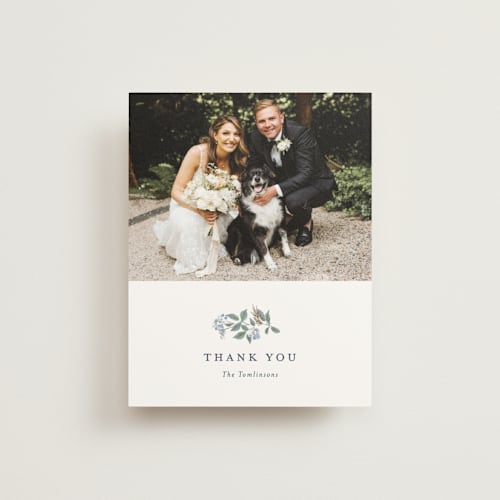 This is a sapphire wedding thank you cards with foil pressed by Olivia Raufman called climbing florals printing on strathmore in standard