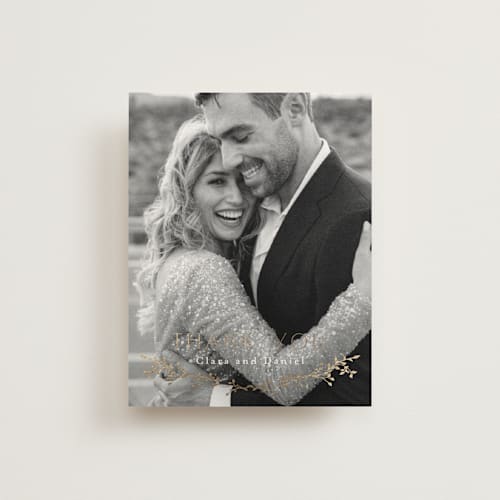 This is a alabaster wedding thank you cards with foil pressed by Susan Moyal called delicate vine printing on strathmore in standard