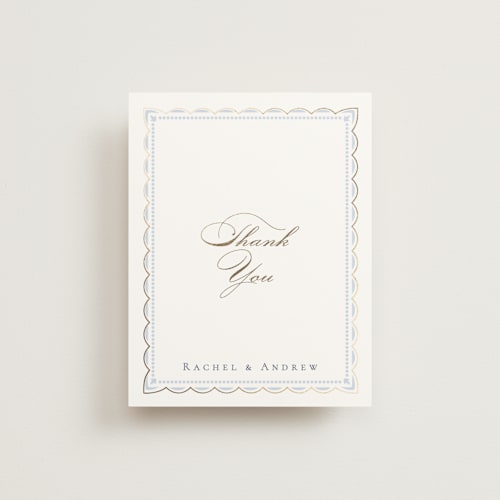 This is a dusty blue wedding thank you cards with foil pressed by Janean Hinger called aurelia printing on strathmore in standard