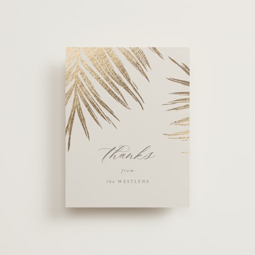 This is a sand wedding thank you cards with foil pressed by Melinda Denison called gilded palm printing on strathmore in standard