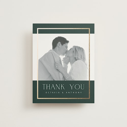 This is a evergreen wedding thank you cards with foil pressed by Nicole Walsh called regal printing on strathmore in standard
