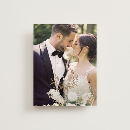 This is a porcelain wedding thank you cards with foil pressed by Jennifer Postorino called natural monogram printing on strathmore in standard