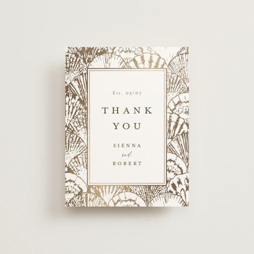 This is a pearl wedding thank you cards with foil pressed by Maria Alou called by the seashore printing on strathmore in standard