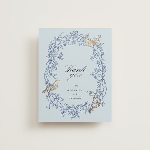 This is a cornflower wedding thank you cards with foil pressed by Grae called meet me in the garden printing on strathmore in standard