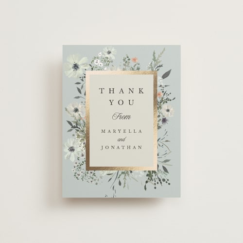 This is a mist wedding thank you cards with foil pressed by Hannah Williams called blue garden printing on strathmore in standard