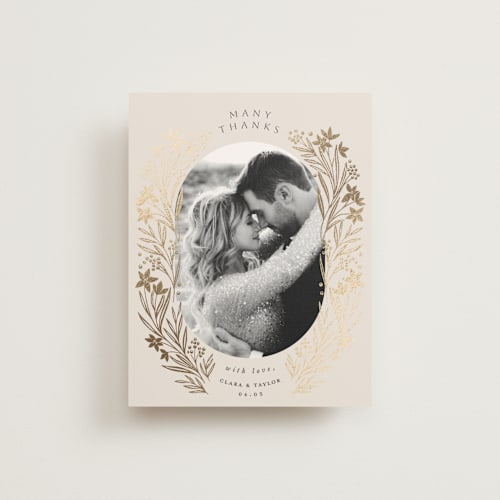 This is a champagne wedding thank you cards with foil pressed by Leah Bisch called floral border printing on strathmore in standard