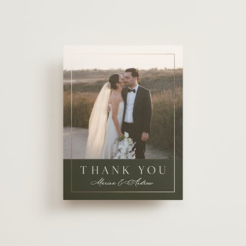 This is a deep olive wedding thank you cards with foil pressed by Nicole Walsh called refined printing on strathmore in standard