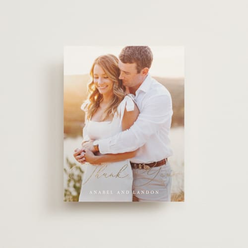 This is a pearl wedding thank you cards with foil pressed by Hooray Creative called luxe script printing on strathmore in standard