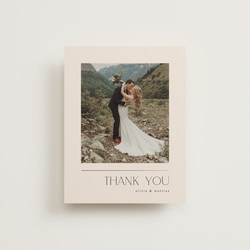 This is a linen wedding thank you cards with foil pressed by Kelly Schmidt called modern corner printing on strathmore in standard
