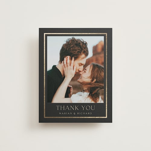 This is a charcoal wedding thank you cards with foil pressed by Lucrecia Caporale called timeless charm printing on strathmore in standard