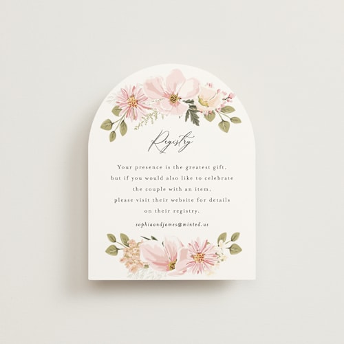 This is a blush bridal shower insert cards with standard by Susan Moyal called floral arch printing on signature in standard