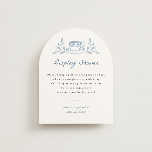 This is a periwinkle bridal shower insert cards with standard by Alethea and Ruth called tea cup party printing on signature in standard