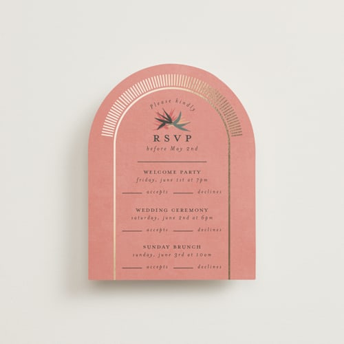 This is a coral rsvp cards with foil pressed by Julie Hebert called birds of paradise printing on signature in standard