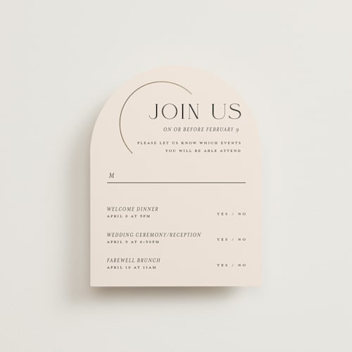 This is a latte rsvp cards with foil pressed by Christie Garcia called modernist monogram printing on signature in standard