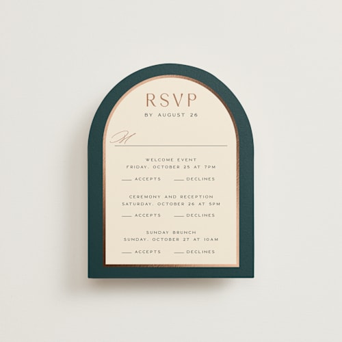 This is a deep sea rsvp cards with foil pressed by Erin German called autumnal arch printing on signature in standard