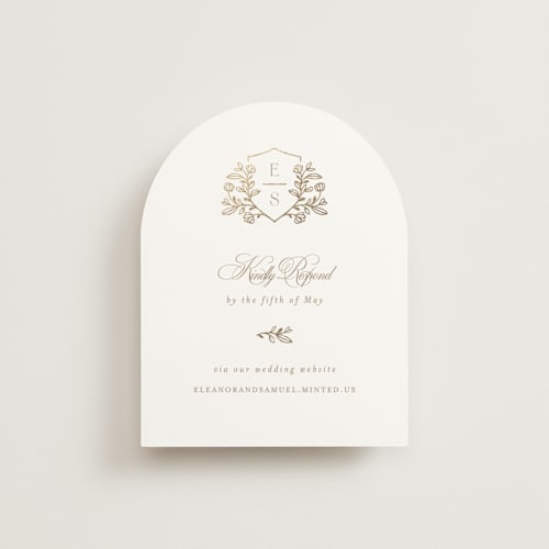 This is a ivory rsvp cards with foil pressed by Mansi Verma called gold crest printing on signature in standard