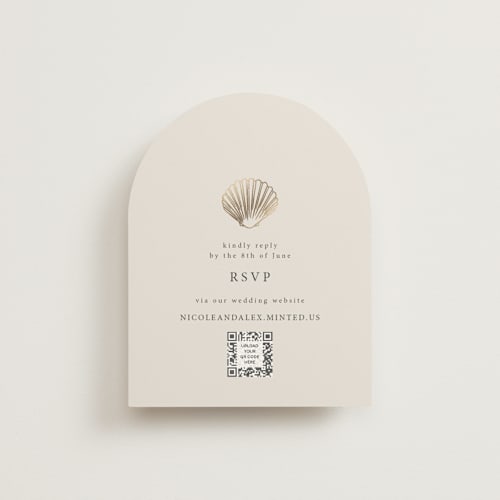 This is a sand rsvp cards with foil pressed by Hannah Bowman called simple seashell printing on signature in standard