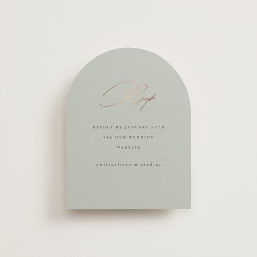 This is a sage rsvp cards with foil pressed by Angela Thompson called gilded script printing on signature in standard