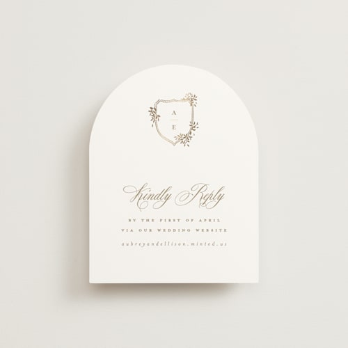This is a pearl rsvp cards with foil pressed by Leah Bisch called monogram in leaves printing on signature in standard