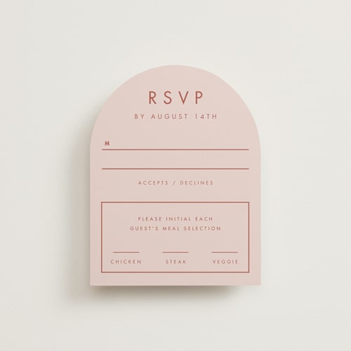 This is a peach cream rsvp cards with standard by Snow and Ivy called jot printing on signature in standard