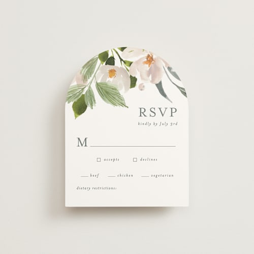 This is a cream rsvp cards with standard by Angela Marzuki called petal toss printing on signature in standard