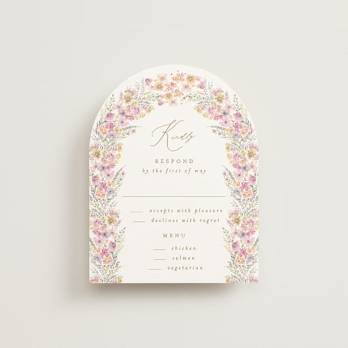 This is a spring rsvp cards with standard by Phrosné Barwood called floral arch printing on signature in standard
