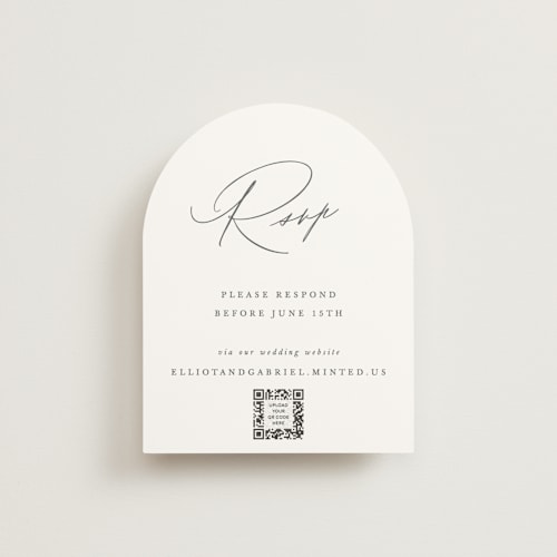This is a pearl rsvp cards with standard by Hooray Creative called scripted names printing on signature in standard