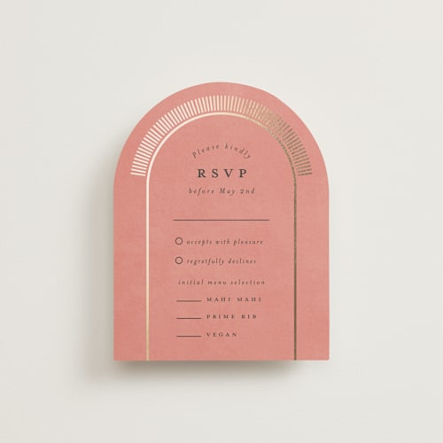 This is a coral rsvp cards with foil pressed by Julie Hebert called birds of paradise printing on signature in standard