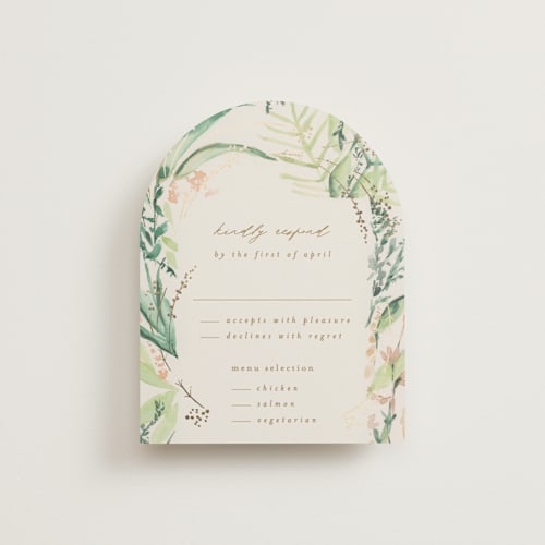 This is a greenery rsvp cards with foil pressed by Phrosné Barwood called fresh tropical printing on signature in standard