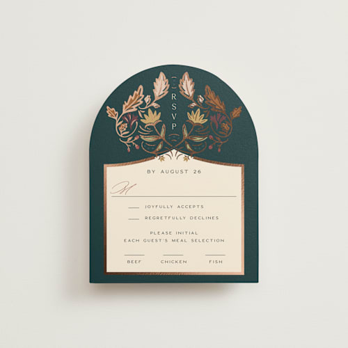 This is a deep sea rsvp cards with foil pressed by Erin German called autumnal arch printing on signature in standard