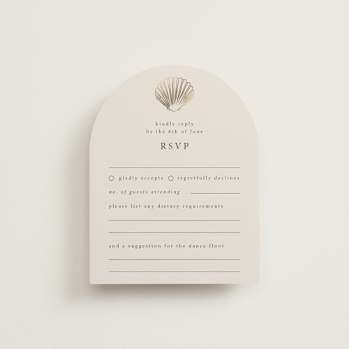 This is a sand rsvp cards with foil pressed by Hannah Bowman called simple seashell printing on signature in standard
