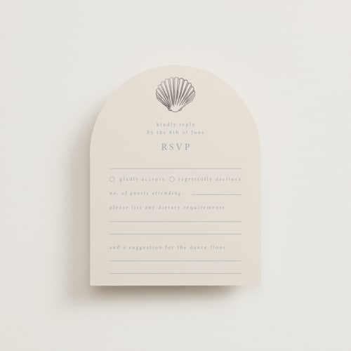 This is a sea spray rsvp cards with foil pressed by Hannah Bowman called simple seashell printing on signature in standard
