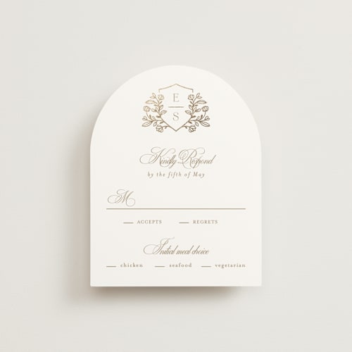 This is a ivory rsvp cards with foil pressed by Mansi Verma called gold crest printing on signature in standard