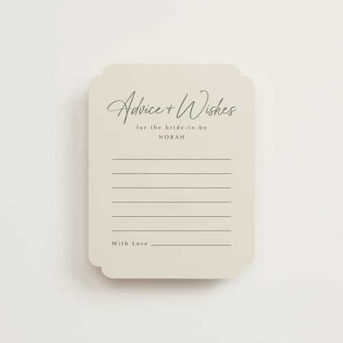 This is a avocado bridal shower insert cards with standard by Ana Sharpe called modern script printing on signature in standard