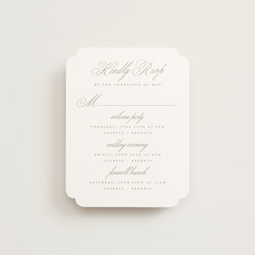 This is a chantilly rsvp cards with standard by Wildfield Paper Co called romantic wreath printing on signature in standard