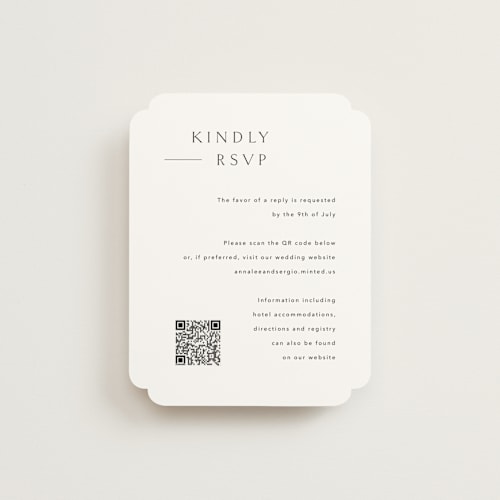 This is a simply white rsvp cards with standard by Jennifer Postorino called rhythmic printing on signature in standard