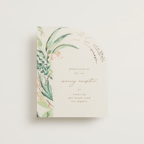This is a greenery foil stamped wedding invitations with foil pressed by Phrosné Barwood called fresh tropical printing on signature in standard