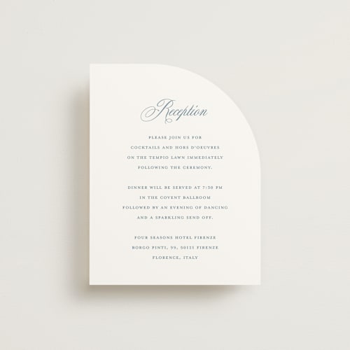 This is a dusty blue reception cards with standard by Jennifer Postorino called empire printing on signature in standard