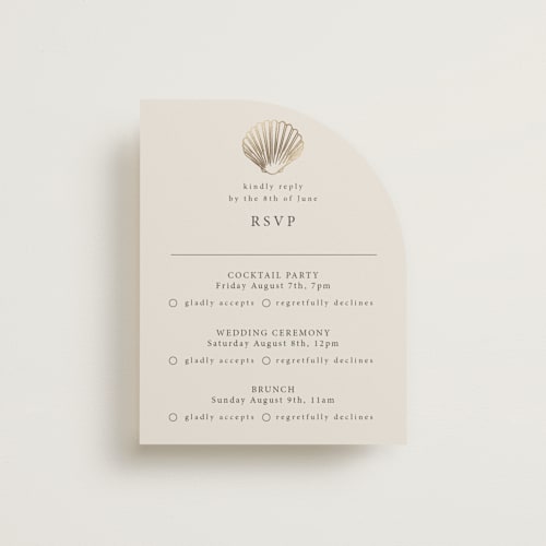 This is a sand rsvp cards with foil pressed by Hannah Bowman called simple seashell printing on signature in standard
