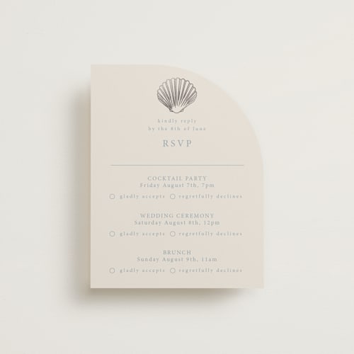 This is a sea spray rsvp cards with foil pressed by Hannah Bowman called simple seashell printing on signature in standard