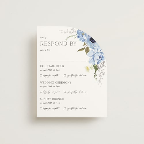 This is a azure rsvp cards with foil pressed by Susan Moyal called timeless blooms printing on signature in standard