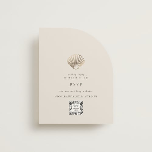 This is a sand rsvp cards with foil pressed by Hannah Bowman called simple seashell printing on signature in standard