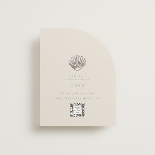 This is a sea spray rsvp cards with foil pressed by Hannah Bowman called simple seashell printing on signature in standard