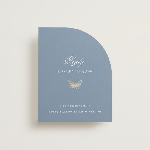 This is a cornflower rsvp cards with foil pressed by Grae called meet me in the garden printing on signature in standard