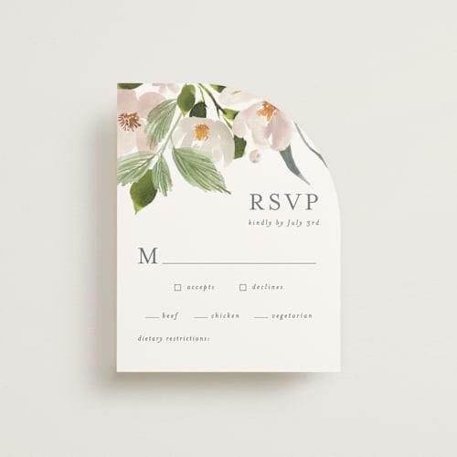 This is a cream rsvp cards with standard by Angela Marzuki called petal toss printing on signature in standard