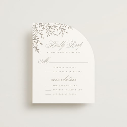 This is a chantilly rsvp cards with standard by Wildfield Paper Co called romantic wreath printing on signature in standard