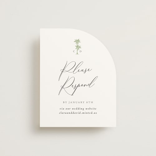 This is a leaf rsvp cards with standard by Olivia Raufman called palm monogram printing on signature in standard